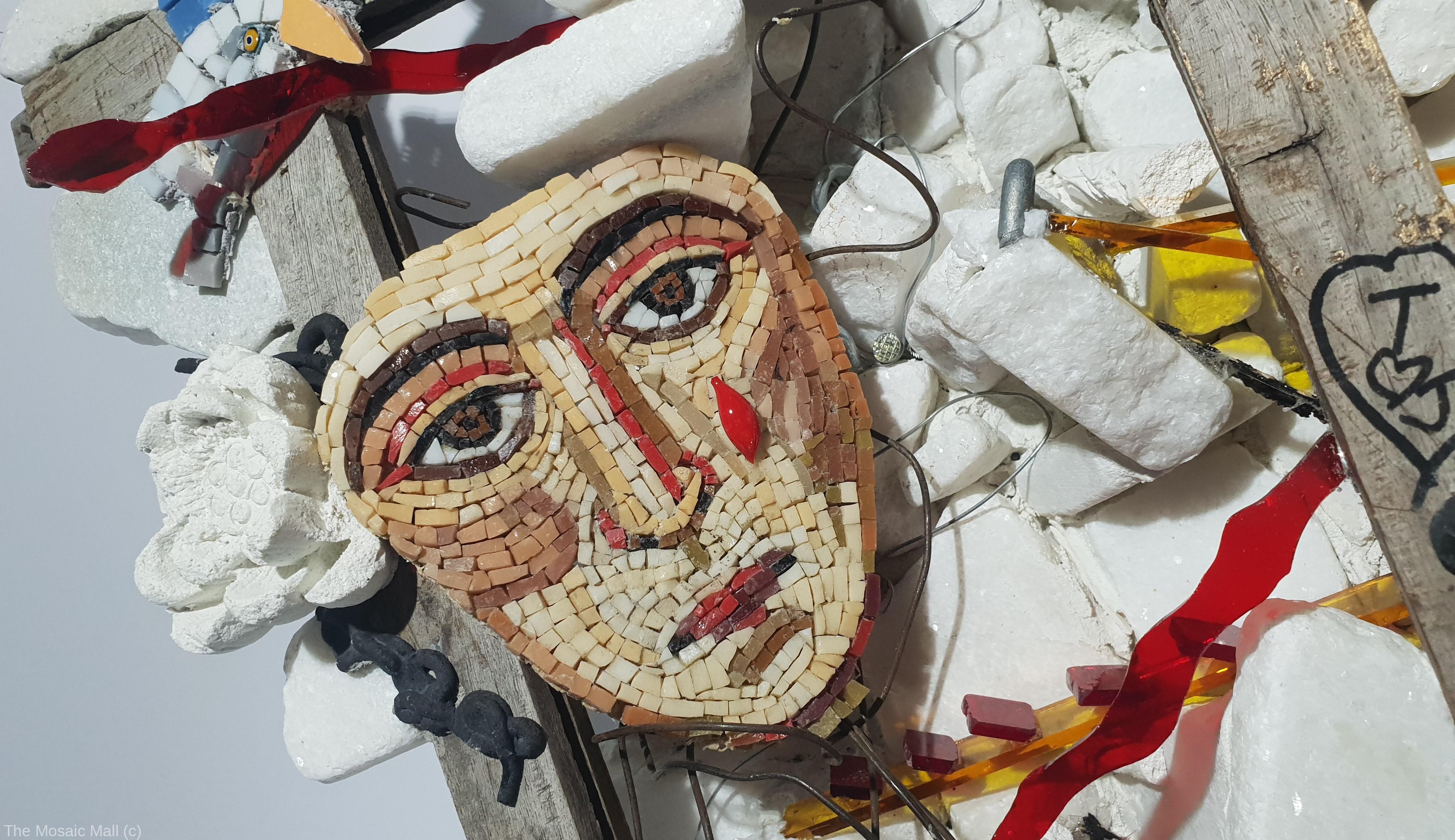 Mosaic workshop Brisbane. Smalti, vitreous tiles, slate, ceramic, glass and more! ROBERTSON SANDRA Mosaic Mount Olympus Detail2 smalti stone wire metal stained glass trinkets 52cmxx72cm